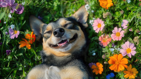 Aerial perspective of a happy dog lying on its back in a field of flowers, enjoying the sunshine.の素材