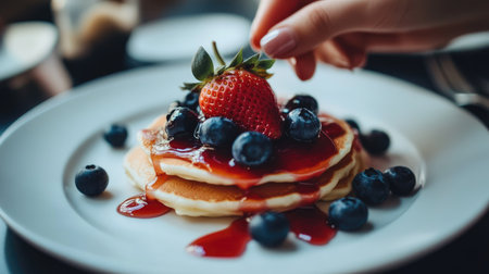 A hand reaching for pancakes adorned with strawberry jam and plump blueberries, all on a pristine white plate, highlighting the sweet and ready-to-serve treatの素材
