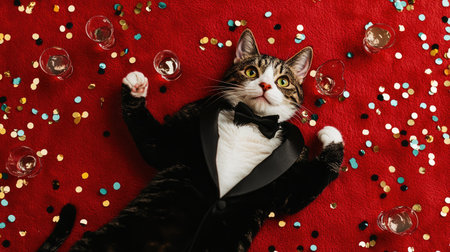 Aerial perspective of a cat in a tuxedo, lying on a red carpet with tiny champagne glasses and confetti.の素材