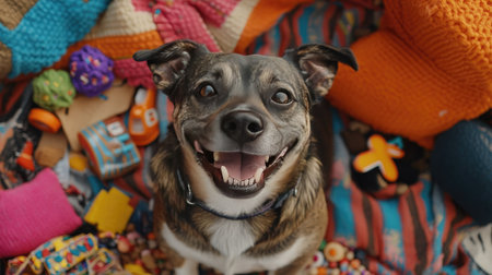 Aerial shot of a dog with a big smile, sitting on a picnic blanket surrounded by toys and treats.の素材