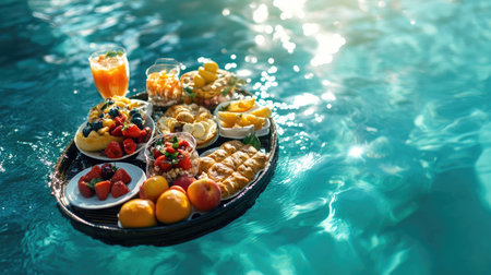 A floating breakfast set with a variety of gourmet dishes, including fresh fruit and pastries, gently drifting in a hotel resort's swimming poolの素材