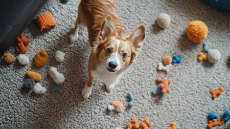 Aerial perspective of a dog standing on two legs, playing with a toy, surrounded by scattered dog toys on a carpet.の素材