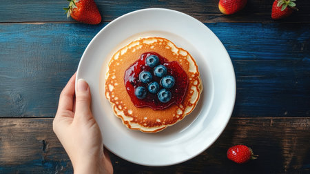 A hand reaching out with a white plate of pancakes, topped with strawberry jam and blueberries, emphasizing the sweet and ready-to-serve conceptの素材