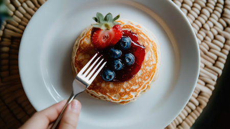 A hand placing a fork near pancakes topped with strawberry jam and blueberries, beautifully arranged on a white plate, emphasizing the deliciousness of the sweet dishの素材