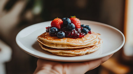 A hand holding a white plate with pancakes, topped with strawberry jam and blueberries, creating a perfect sweet treat ready to be served and enjoyedの素材