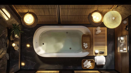 Aerial perspective of a bathroom with a deep soaking tub, bamboo bath tray, and elegant lighting.の素材