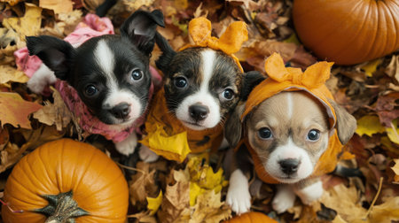 Aerial shot of puppies dressed in adorable Halloween costumes, surrounded by pumpkins and autumn leaves.の素材