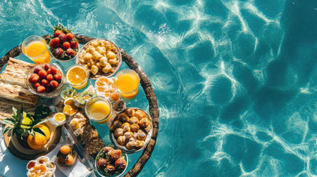 A gourmet breakfast set floating in the crystal-clear waters of a resort swimming pool, featuring a spread of fresh fruits, pastries, and drinksの素材