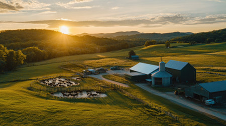 Aerial shot of a cow farm featuring cows lined up at feeding troughs, modern barn structures, and open grazing areas under a bright sky.の素材