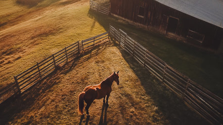 Aerial perspective of a horse standing by a wooden fence, with a barn in the background.の素材