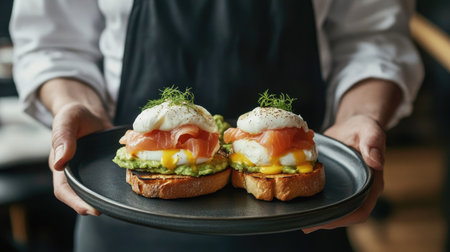 A waiter presenting a breakfast tray with Eggs Benedict, smoked salmon, poached eggs, toast, and avocado, representing high-end hotel serviceの素材
