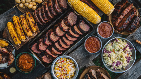 Aerial perspective of a BBQ buffet table, featuring an array of grilled meats, corn on the cob, coleslaw, and condiments.の素材
