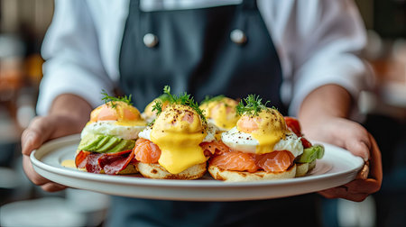 A waiter delivering a breakfast tray with Eggs Benedict, smoked salmon, poached eggs, and avocado, representing a high-end restaurant or hotel breakfastの素材