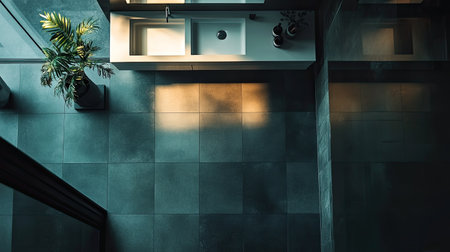 Aerial shot of a bathroom with a sleek shower, elegant fixtures, and a calming, minimalist design.の素材