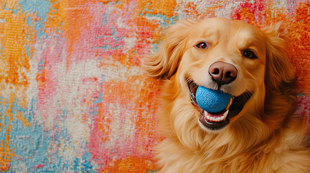 Aerial shot of a dog with a joyful expression, lying on a colorful rug with a ball in its mouth.の素材