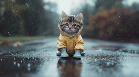Aerial shot of a kitten dressed in a tiny raincoat and boots, sitting on a wet pavement with raindrops around.の素材
