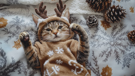 Aerial view of a cat in a reindeer costume, lying on a winter-themed blanket with snowflakes and pinecones.の素材