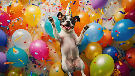 Aerial view of a dog standing on hind legs, wearing a birthday hat, surrounded by colorful balloons and streamers.の素材
