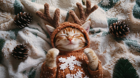 Aerial view of a cat in a reindeer costume, lying on a winter-themed blanket with snowflakes and pinecones.の素材