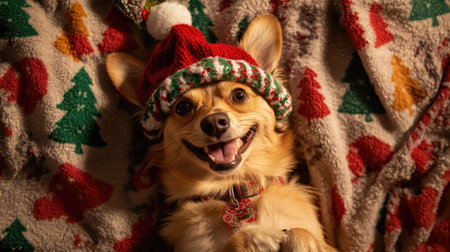 Aerial view of a smiling dog wearing a festive hat, lying on a holiday-themed blanket.の素材