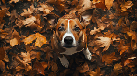 Bird's-eye perspective of a dog standing on two legs in a pile of leaves, with a playful expression and leaves flying around.の素材
