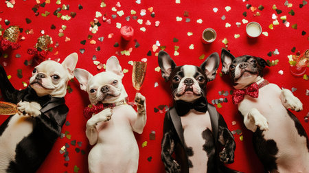 Aerial view of dogs in cute tuxedos and dresses, lying on a red carpet with tiny champagne glasses and confetti.の素材