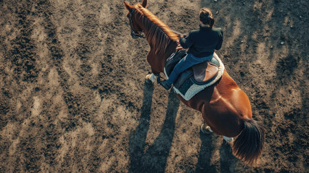 Aerial view of a horse being saddled by its owner, ready for an afternoon ride.の素材
