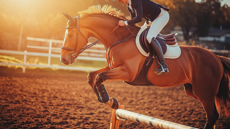 Aerial view of a horse jumping over a fence in an equestrian arena, displaying agility and grace.の素材