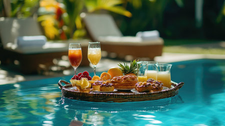 An indulgent breakfast set floating in a hotel resort's swimming pool, with tropical fruits, pastries, and beverages arranged on a tray, offering a luxurious dining experienceの素材