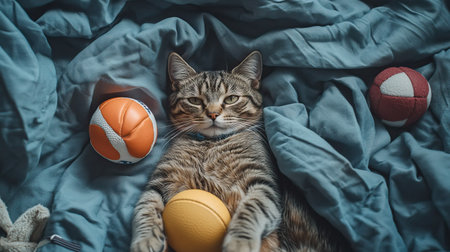 Bird's-eye perspective of a cat in a sporty outfit, lying on a blanket with tiny sports equipment.の素材