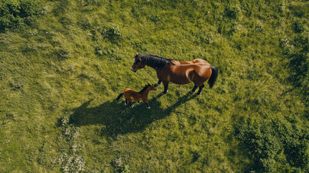 Aerial view of a horse playing with a foal in an open pasture.の素材