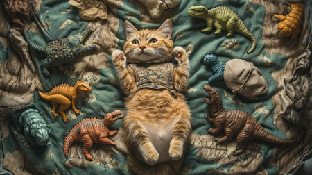 Aerial view of a cat in a dinosaur costume, lying on a prehistoric-themed blanket with toy dinosaurs.の素材