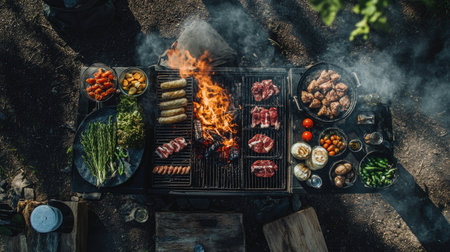 Bird's-eye shot of a BBQ setup at a campsite, with a portable grill, campfire, and a variety of meats and vegetables being cooked.の素材