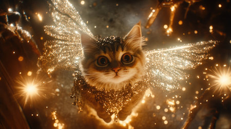 Bird's-eye shot of a cat in a fairy costume, surrounded by glittering wings and magical wands.の素材