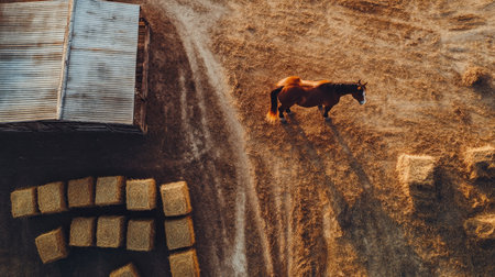 Aerial view of a horse standing near a stable, with hay bales stacked nearby.の素材