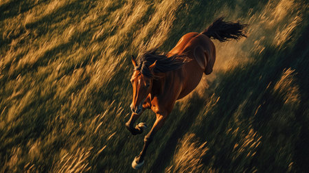 Aerial view of a horse running freely through an open field, with the wind in its mane.の素材