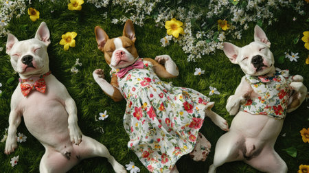 Aerial view of dogs in floral dresses and bowties, lying on a grassy field with flowers around them.の素材