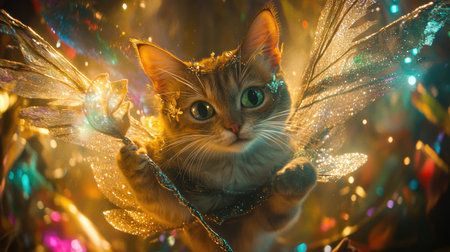 Bird's-eye shot of a cat in a fairy costume, surrounded by glittering wings and magical wands.の素材