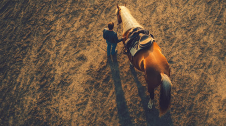 Aerial view of a horse being saddled by its owner, ready for an afternoon ride.の素材