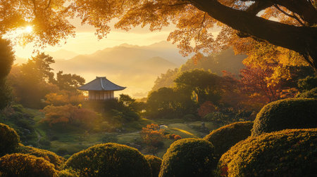 Autumn Splendor: Early morning in Atami Plum Garden, Shizuoka Prefecture. The autumn leaves are bathed in soft, golden light, creating a tranquil scene.の素材
