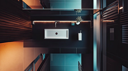 Bird's-eye shot of a bathroom with a large mirror, modern sink, and sleek black and white decor.の素材