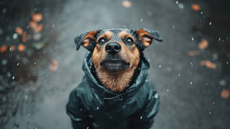 Bird's-eye shot of a dog standing on two legs, wearing a raincoat, looking up at raindrops falling around.の素材