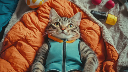 Bird's-eye perspective of a cat in a sporty outfit, lying on a blanket with tiny sports equipment.の素材