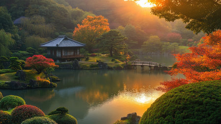 Autumn Dawn: Early morning at Atami Plum Garden, Shizuoka Prefecture. The autumn leaves are aglow with the first light of the day in Atami City.の素材