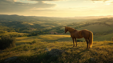 Aerial view of a horse standing on a hilltop, with a panoramic view of the countryside.の素材