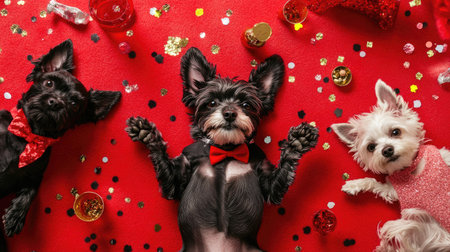 Aerial view of dogs in cute tuxedos and dresses, lying on a red carpet with tiny champagne glasses and confetti.の素材