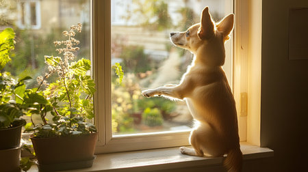 Bird's-eye perspective of a dog standing on hind legs, paws on a window sill, looking outside with curiosity.の素材