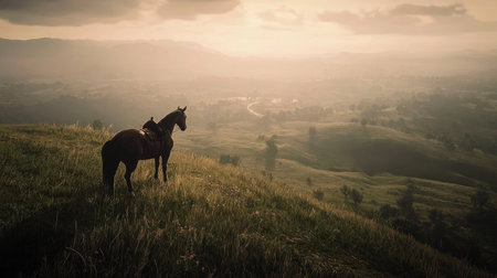 Aerial view of a horse standing on a hilltop, with a panoramic view of the countryside.の素材