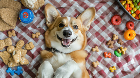 Bird's-eye perspective of a smiling dog lying on a checkered picnic blanket, surrounded by treats and toys.の素材