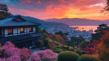 Autumn Dawn: Early morning at Atami Plum Garden, Shizuoka Prefecture. The autumn leaves are aglow with the first light of the day in Atami City.の素材